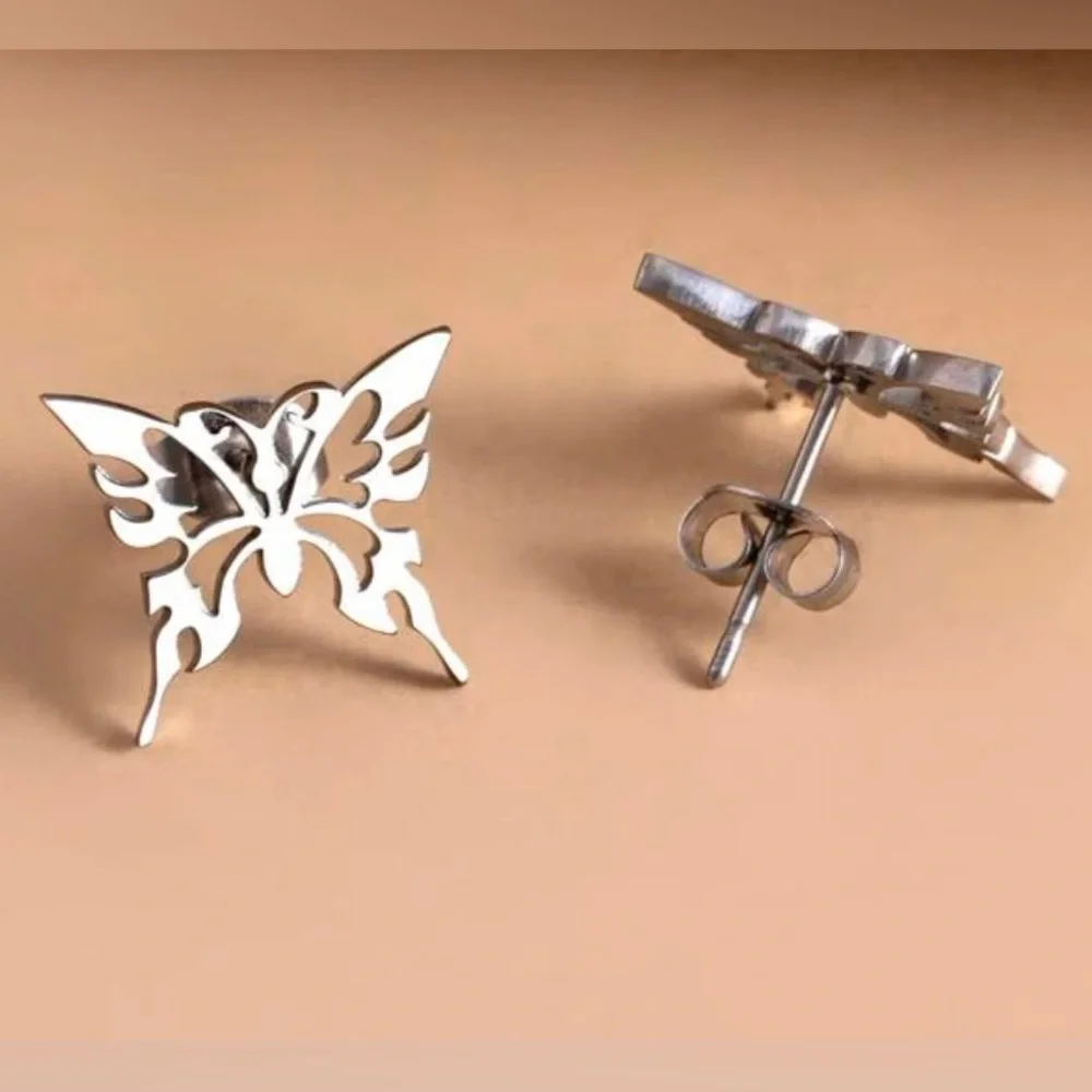 “Tribal Butterfly” Silver Stainless Steel Lasercut Cut-out Hollow Dainty Earring - Picture 6 of 6